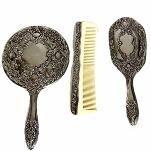 Vintage Elegant Silver Metal Vanity Set with Comb Brush & Mirror